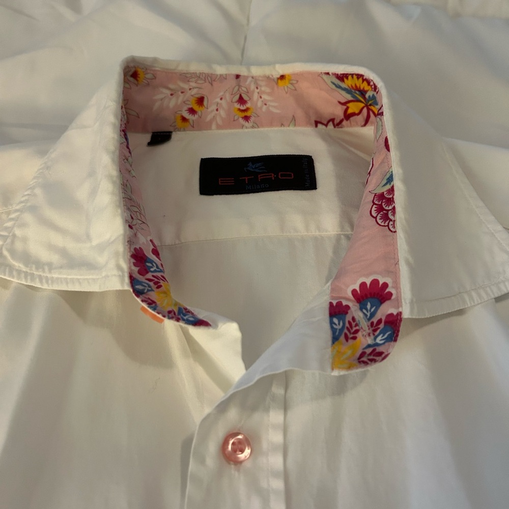 ETRO Cotton White Button Down with Pink Floral Trim, large